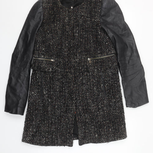Zara Women Black Tweed Leather Sleeve Biker Jacket Size 8