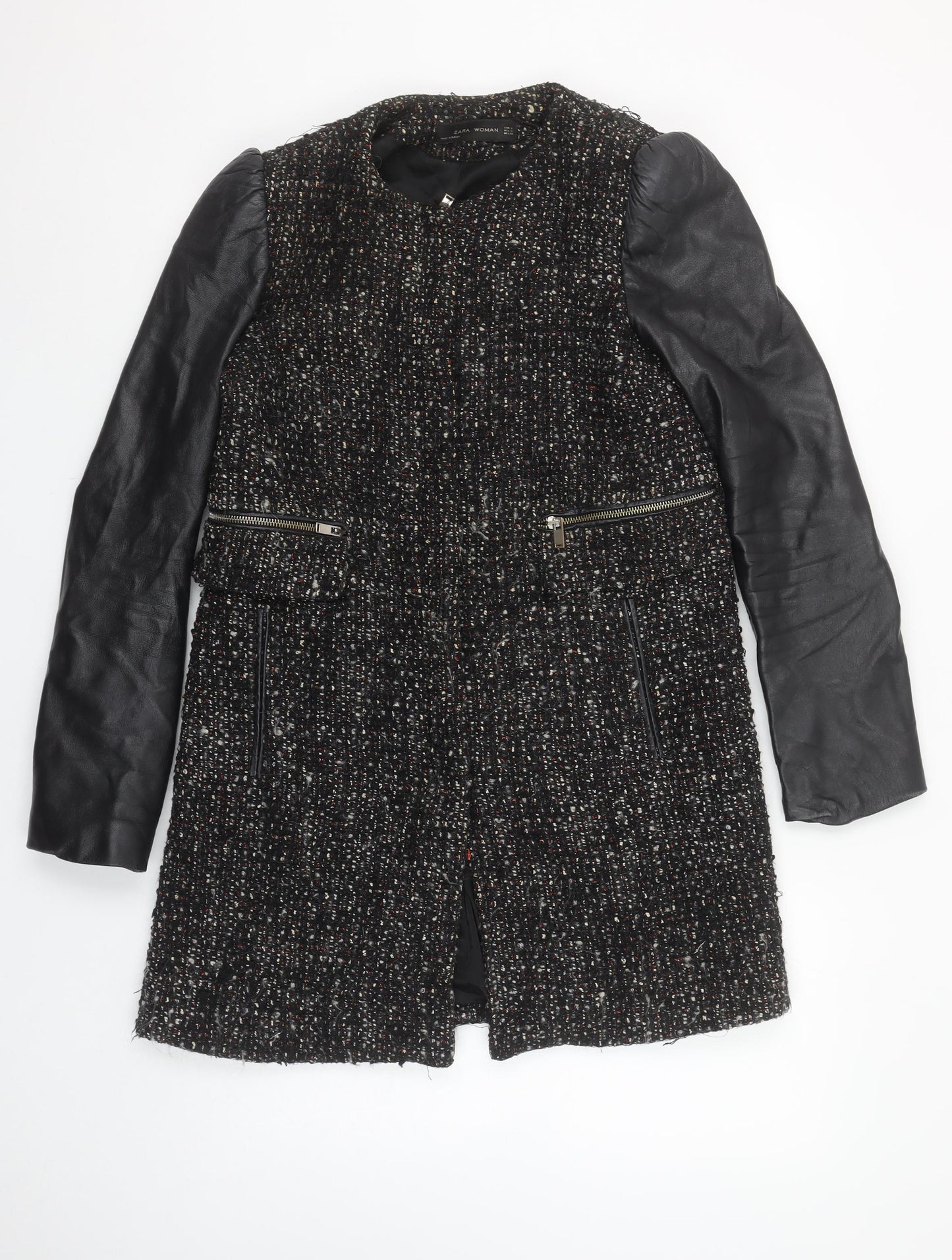 Zara Women Black Tweed Leather Sleeve Biker Jacket Size 8