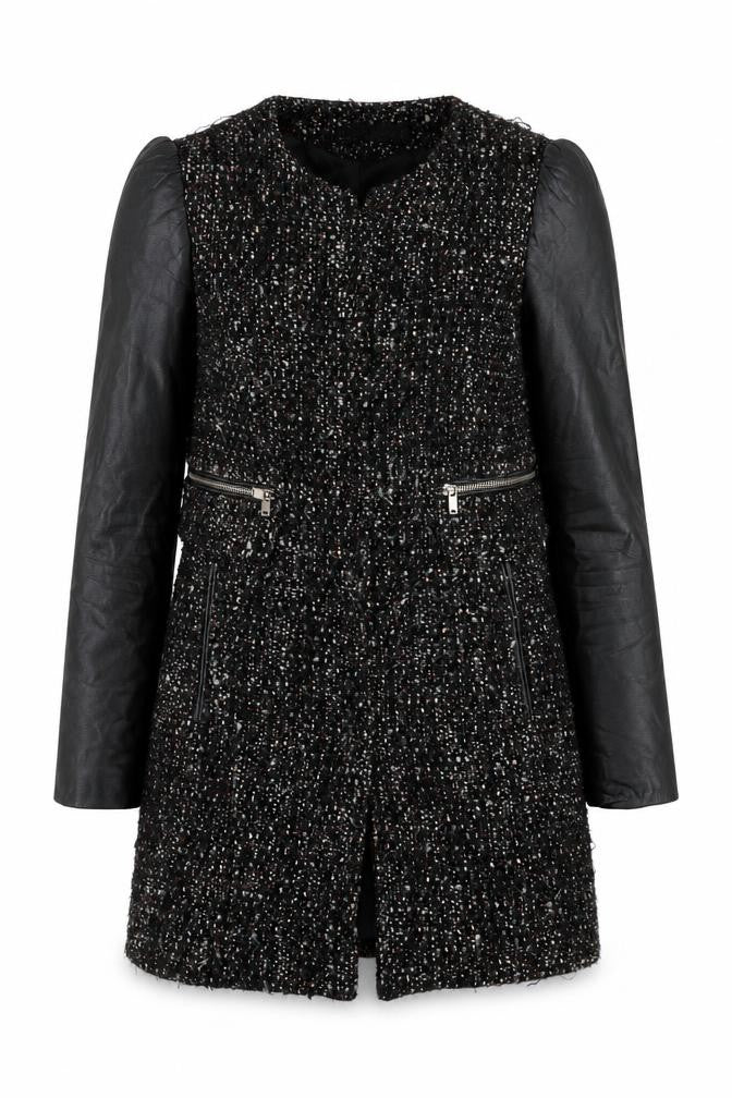 Front view of Zara Women Black Tweed Leather Sleeve Biker Jacket, size 8