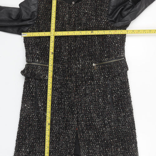 Zara Women Black Tweed Leather Sleeve Biker Jacket Size 8