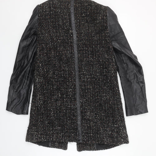 Zara Women Black Tweed Leather Sleeve Biker Jacket Size 8
