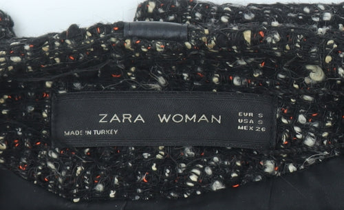 Zara Women Black Tweed Leather Sleeve Biker Jacket Size 8