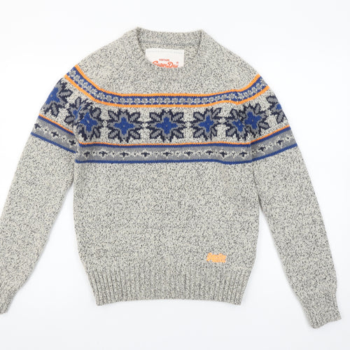 Superdry Women's Grey Fair Isle Knit Crew Neck Jumper Size S