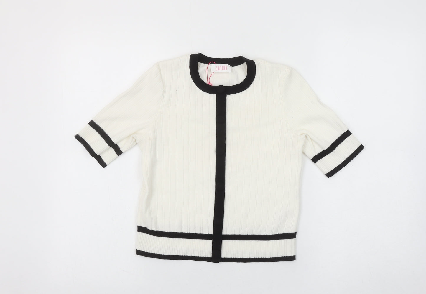 Savida Women’s White Black Trim Short Sleeve Knit Blouse Size S
