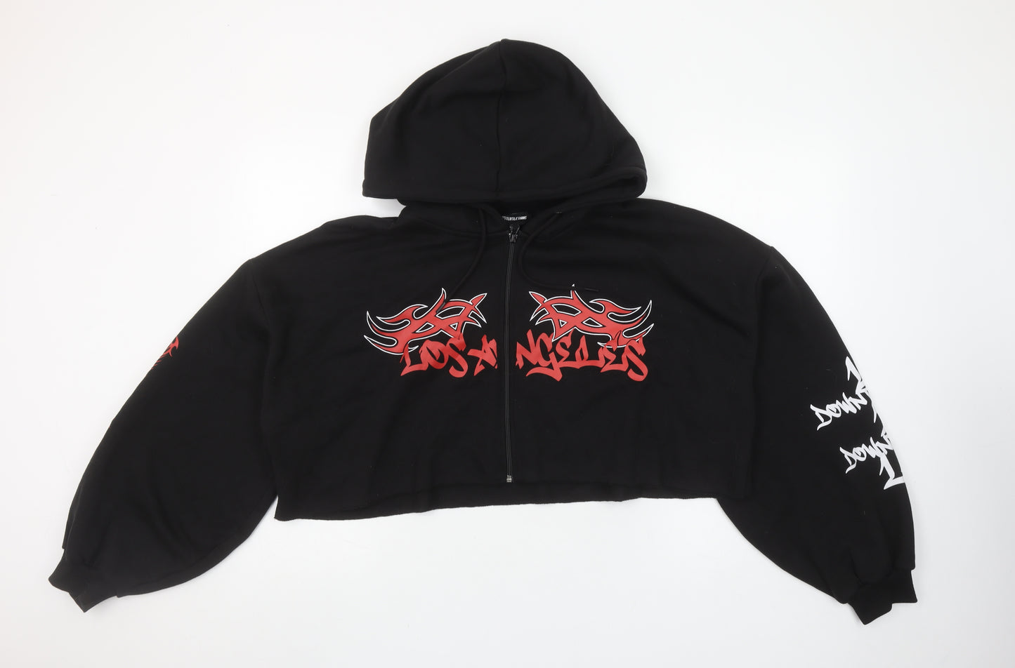 PrettyLittleThing Women Black L Full Zip Cropped Hoodie Los Angeles Graphic