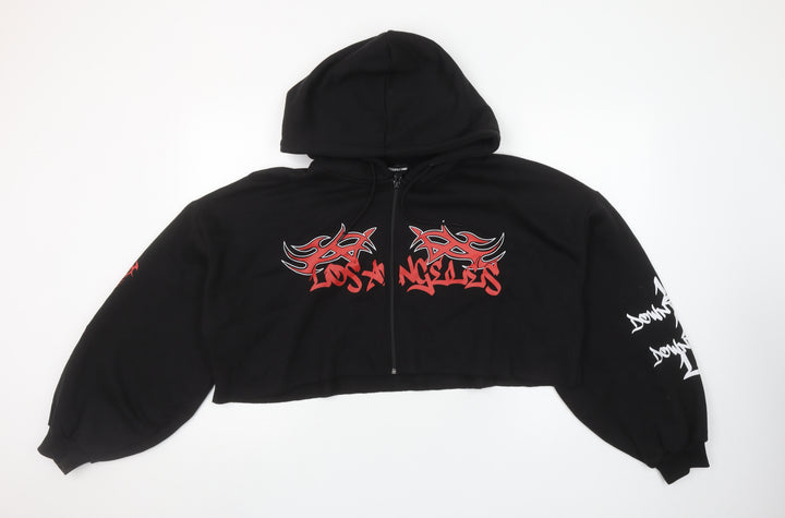 PrettyLittleThing Women Black L Full Zip Cropped Hoodie Los Angeles Graphic