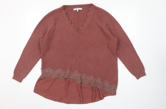 Next Womens Brown V-Neck Lace Hem Long Sleeve Pullover Jumper Size L
