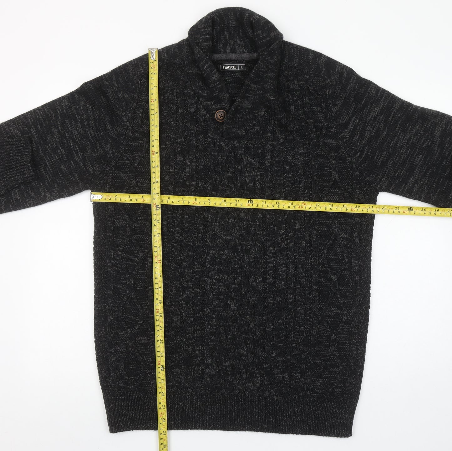 Peacocks Men's Black Cable-Knit Shawl Collar Jumper Size L