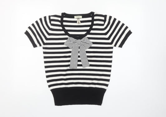 Authentic Knits Women’s Black White Striped Bow Cotton Jumper Size 14
