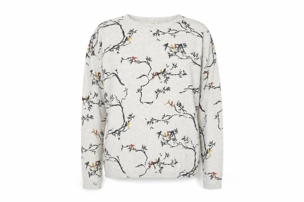 Front view of FatFace women’s beige bird print cotton jumper, size UK 10