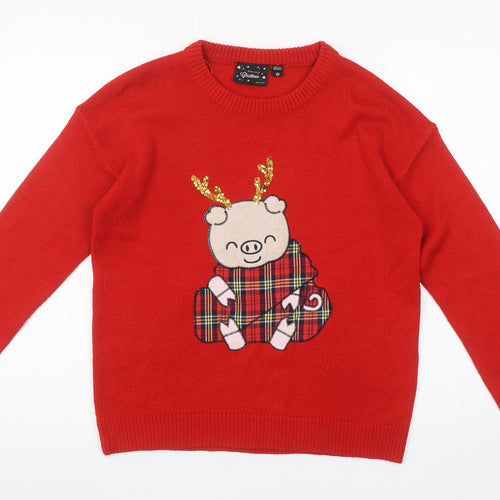 Brave Soul Women’s Red Christmas Pig Sequin Knit Jumper XS