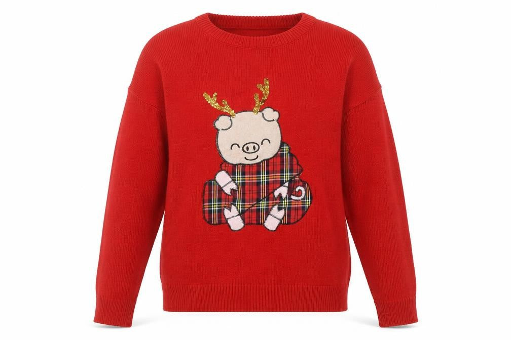 Brave Soul Women’s Red Christmas Pig Sequin Knit Jumper XS