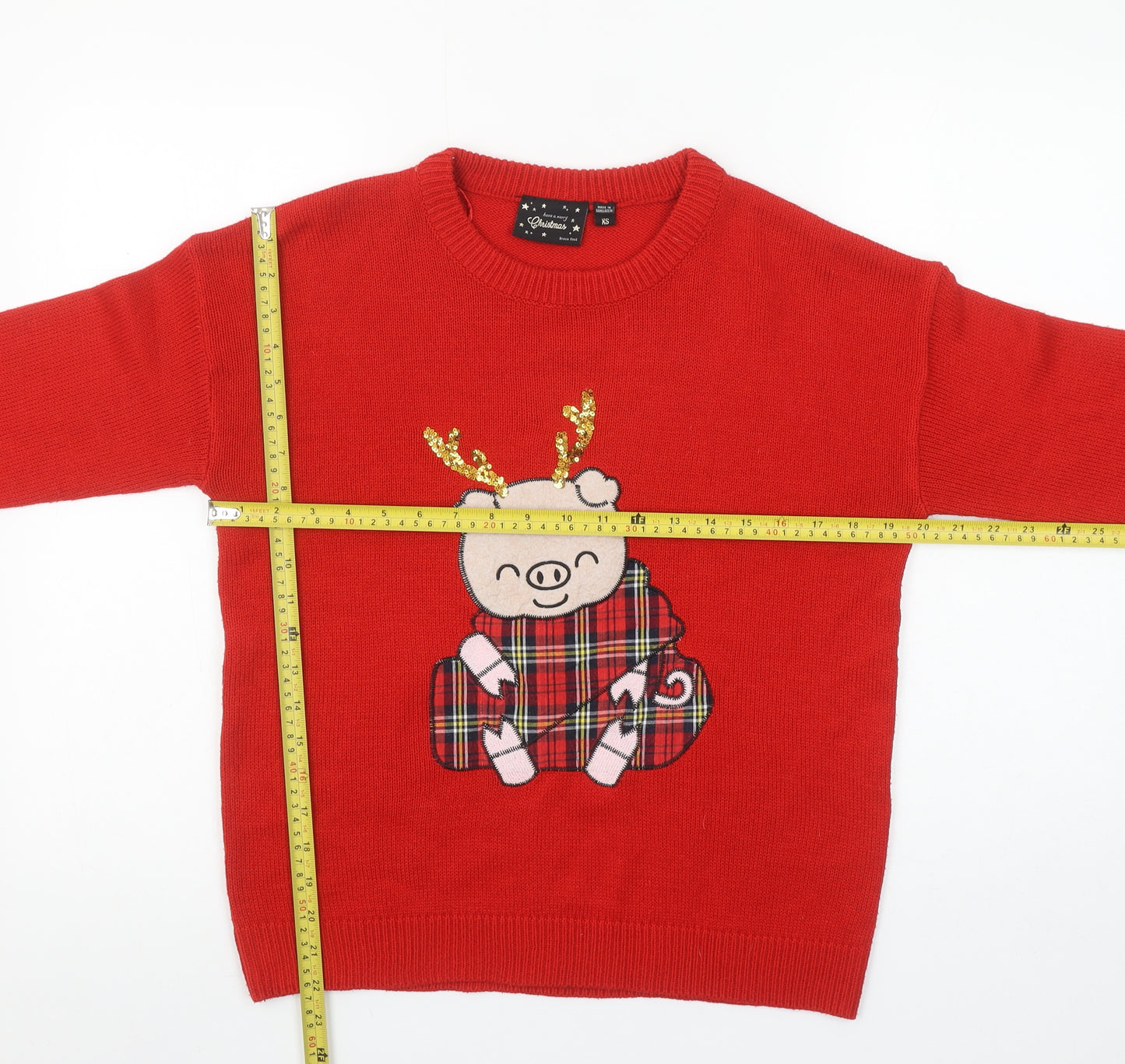 Brave Soul Women’s Red Christmas Pig Sequin Knit Jumper XS