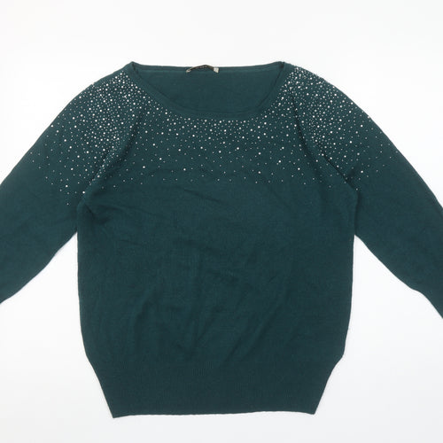 Oasis Women’s Green Rhinestone Knit Pullover Jumper Size L