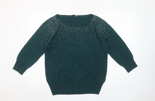 Oasis Women’s Green Rhinestone Knit Pullover Jumper Size L