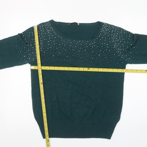Oasis Women’s Green Rhinestone Knit Pullover Jumper Size L