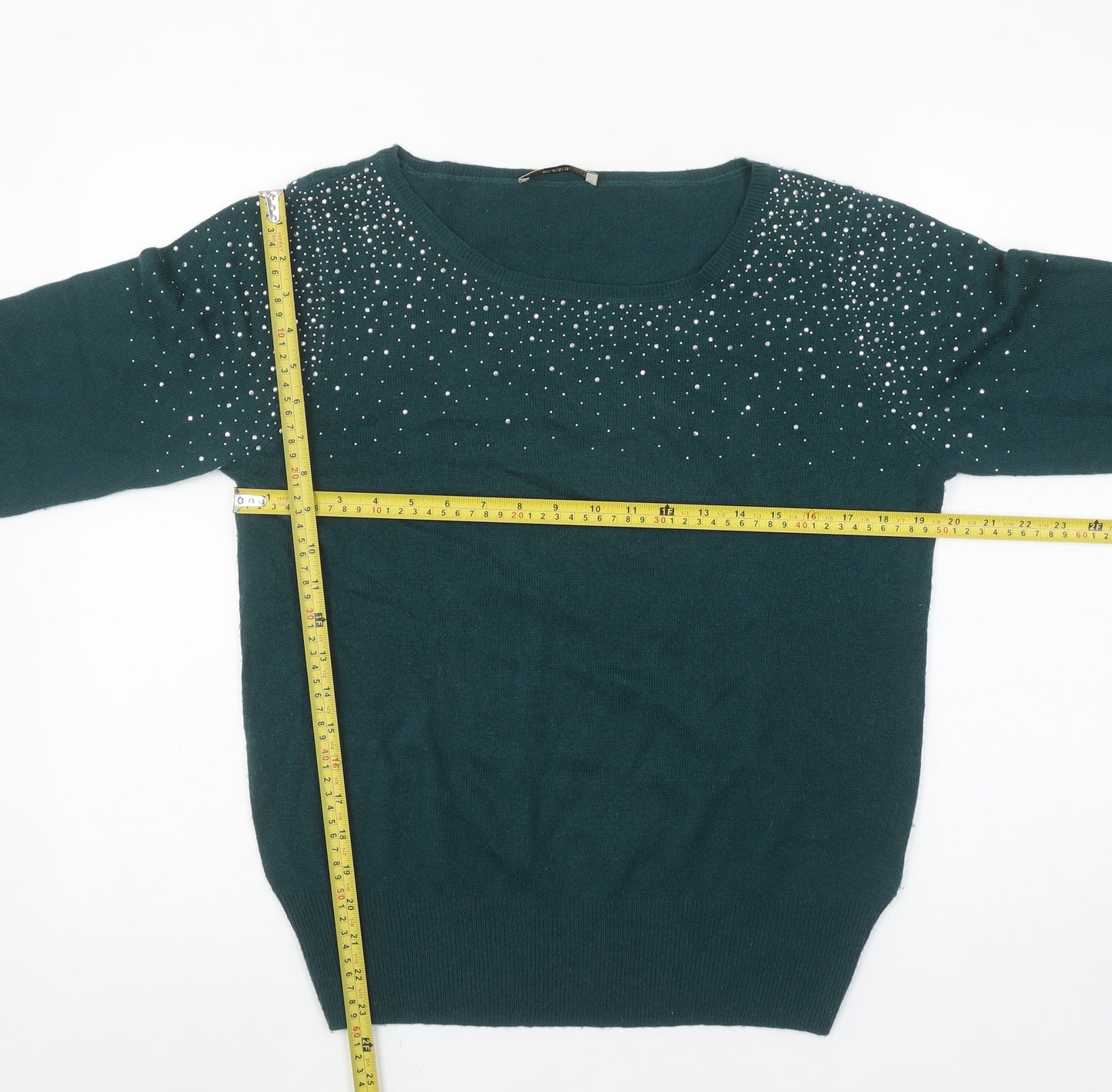 Oasis Women’s Green Rhinestone Knit Pullover Jumper Size L