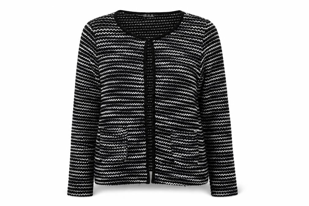 Front view of Atmosphere women’s black striped open knit cardigan, size M