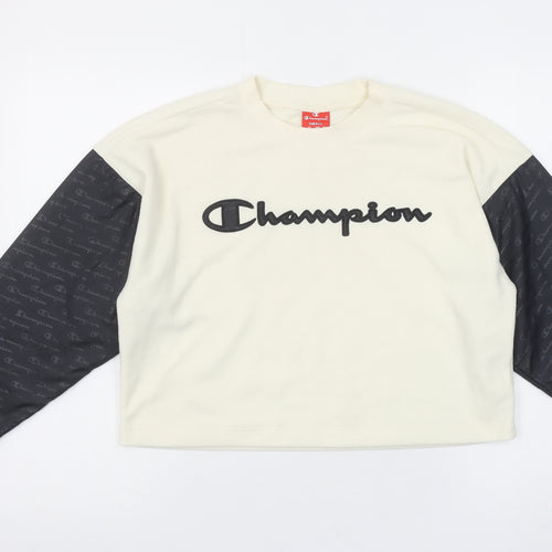 Champion Women’s Beige Black Logo Pullover Sweatshirt Size S Polyester