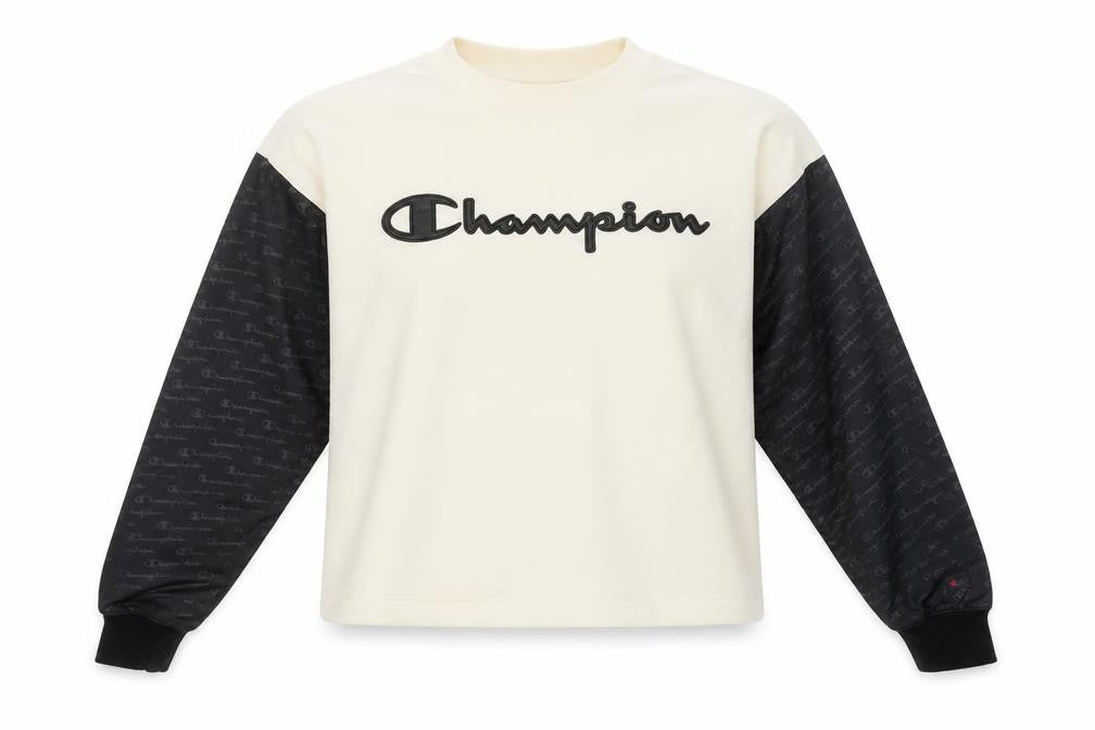 Front view of Champion Women’s Beige Black Logo Pullover Sweatshirt, size S, Polyester