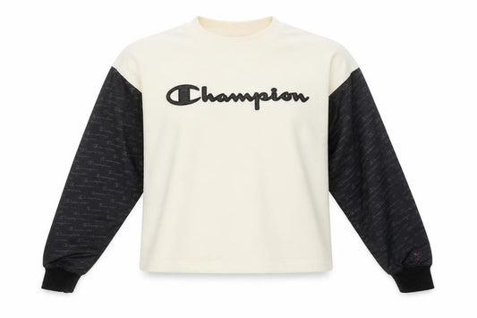 Front view of Champion Women’s Beige Black Logo Pullover Sweatshirt, size S, Polyester