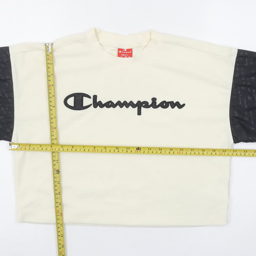 Champion Women’s Beige Black Logo Pullover Sweatshirt Size S Polyester