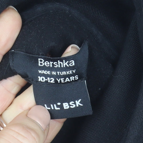 Bershka Girls Black Hoodie 10-12 Years Graphic Print Pullover Sweatshirt