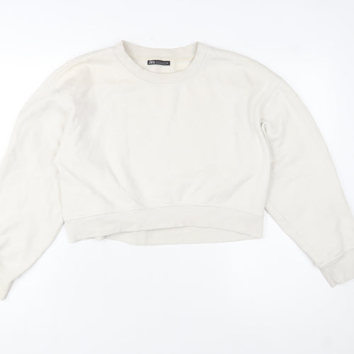 Zara Women Beige Crew Neck Pullover Sweatshirt Small Cotton Blend