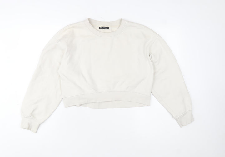 Zara Women Beige Crew Neck Pullover Sweatshirt Small Cotton Blend