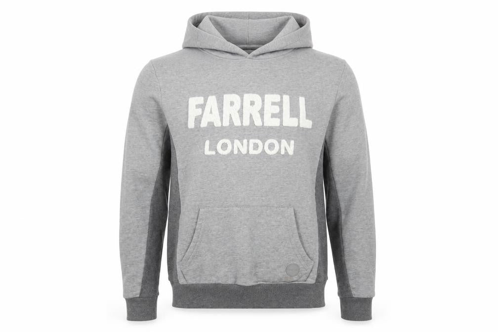 Front view of Farrell London Men's Grey Pullover Hoodie, size S, Regular Fit Logo