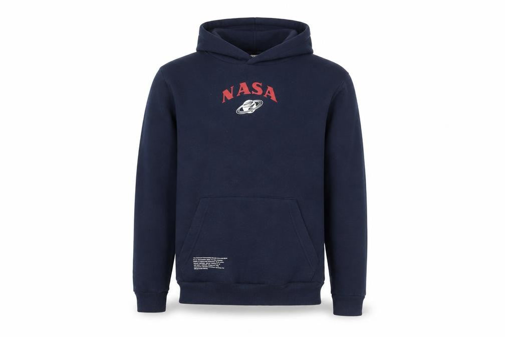 Front view of NASA Men's Blue Pullover Hoodie XS Graphic Print Cotton Blend