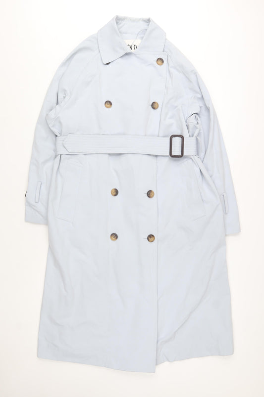 Zara Women Blue Long Trench Coat Size 12 Belted Cotton Blend