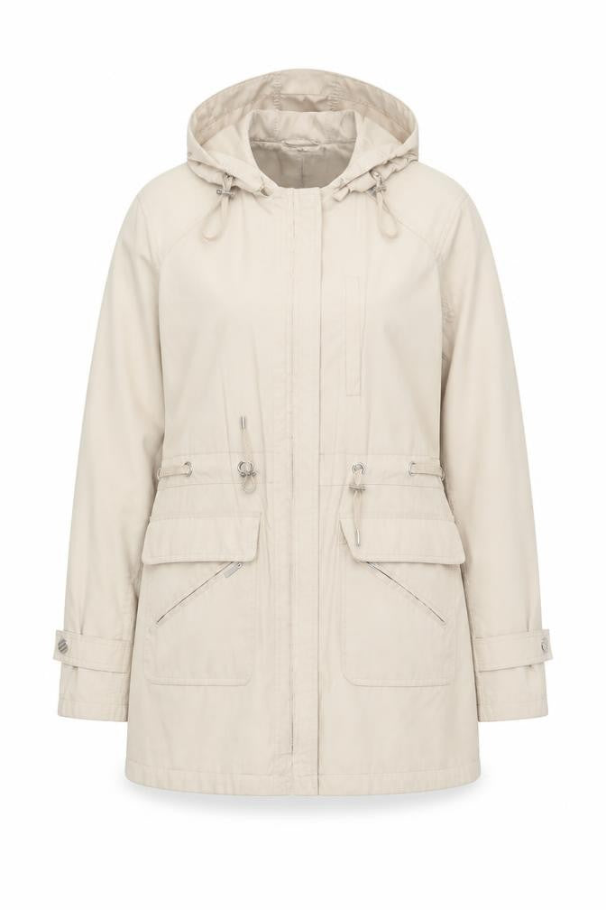 Front view of David Barry women’s beige hooded parka jacket, size UK 14