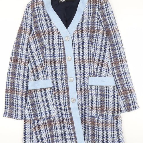 Zara Women Blue Check Tweed Coatigan XS Classic Mid-Length