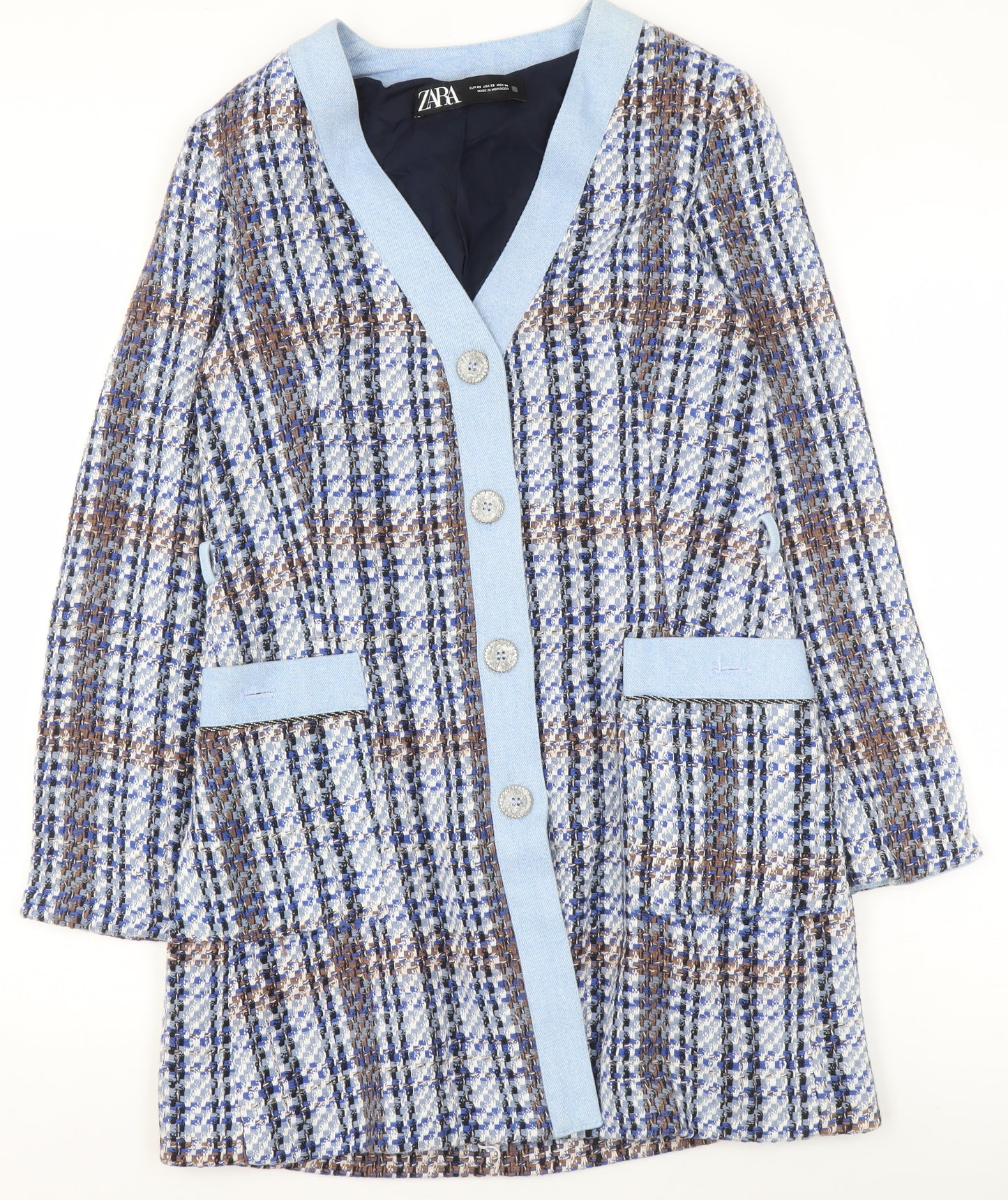 Zara Women Blue Check Tweed Coatigan XS Classic Mid-Length