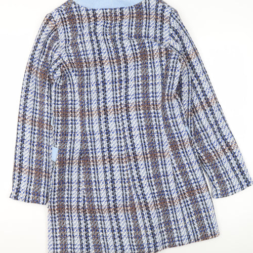 Zara Women Blue Check Tweed Coatigan XS Classic Mid-Length
