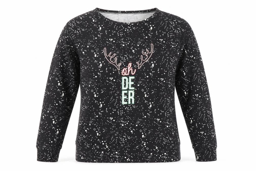 Front view of Atmosphere Women's Black Christmas Oh Deer Sweatshirt, size 6