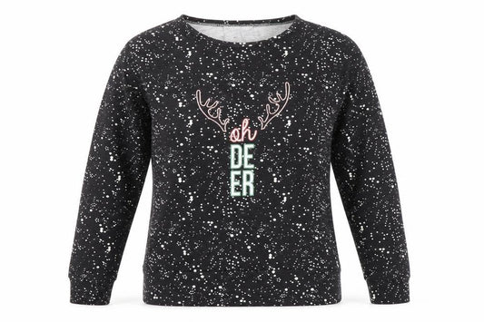 Front view of Atmosphere Women's Black Christmas Oh Deer Sweatshirt, size 6