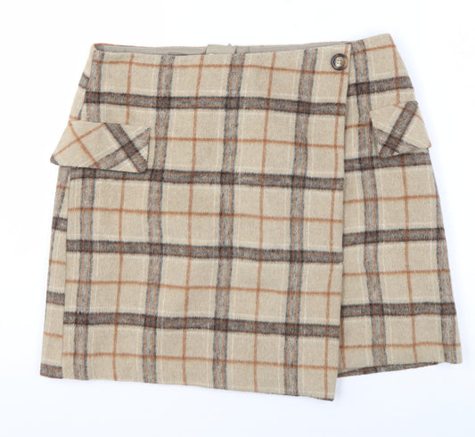 Tu Women Beige Check Wrap Short Skirt Size 14 Wool Blend Tweed