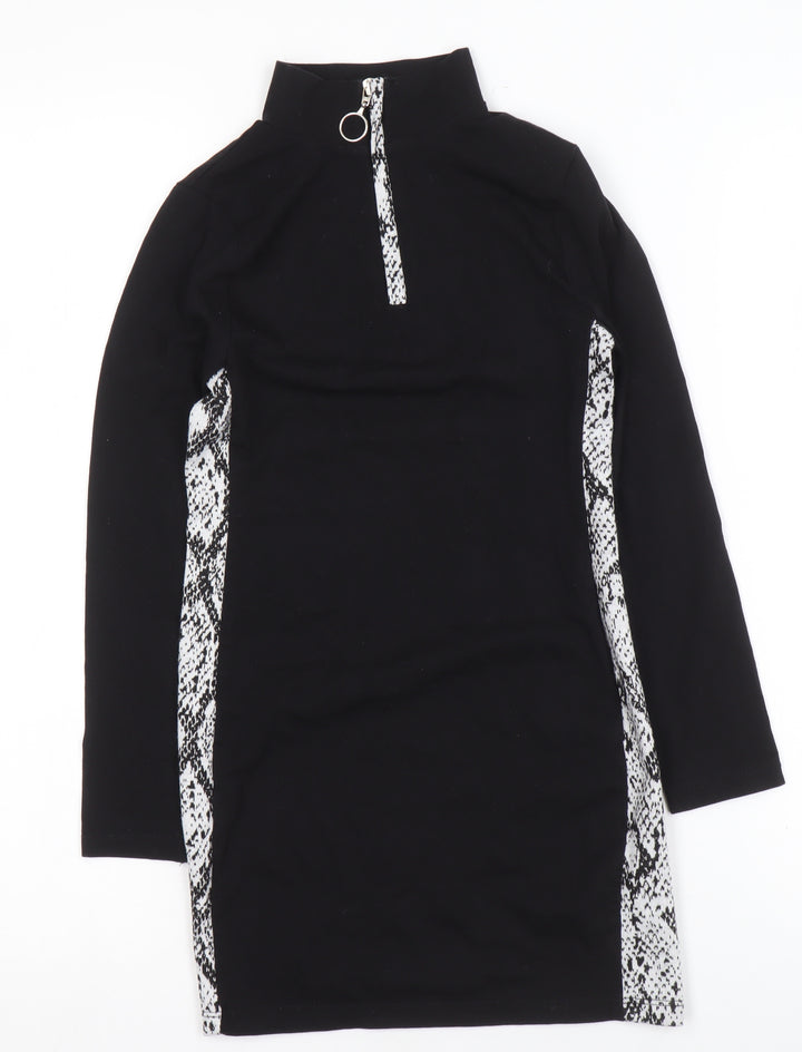 Candy Couture Girls Black Snake Print Panel Zip High Neck Dress Age 9