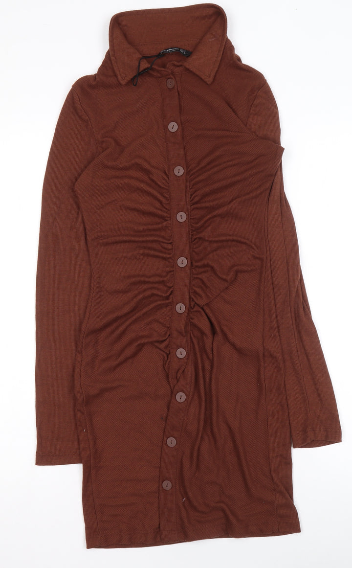 Stradivarius Women Brown Collared Shirt Dress Size 8 Button Front Knit