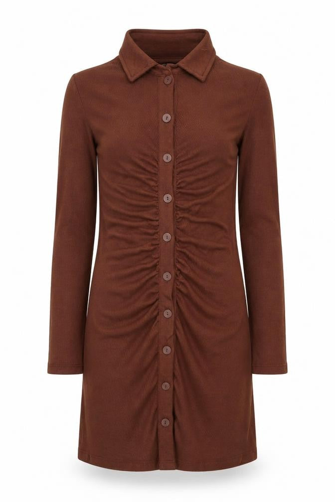 Front view of Stradivarius Women Brown Collared Shirt Dress, size 8, Button Front Knit