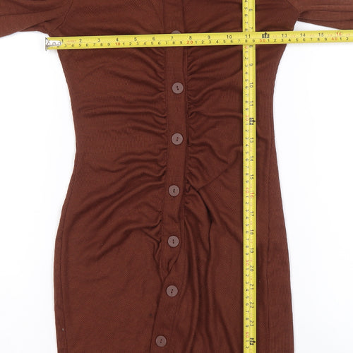 Stradivarius Women Brown Collared Shirt Dress Size 8 Button Front Knit