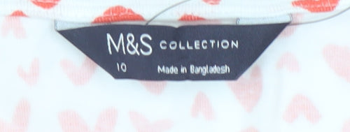 Marks and Spencer Women’s White Heart Print 3/4 Sleeve Cotton T-Shirt Size 10