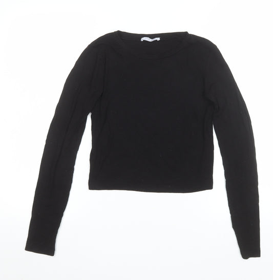 Zara Women Black Long Sleeve Cropped Jersey T-Shirt Size S