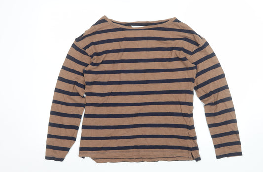 Marks and Spencer Per Una Brown Striped Long Sleeve Cotton T-Shirt XS