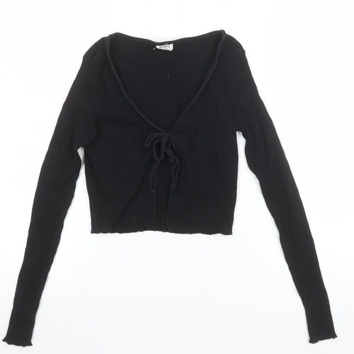 Cotton:On Women's Black Cropped Tie Front Ribbed Long Sleeve Top XS