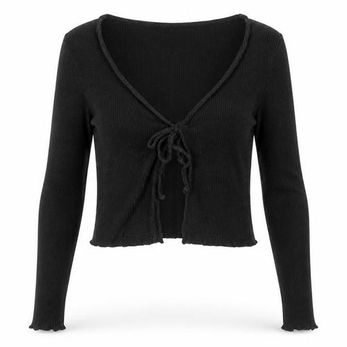 Cotton:On Women's Black Cropped Tie Front Ribbed Long Sleeve Top XS