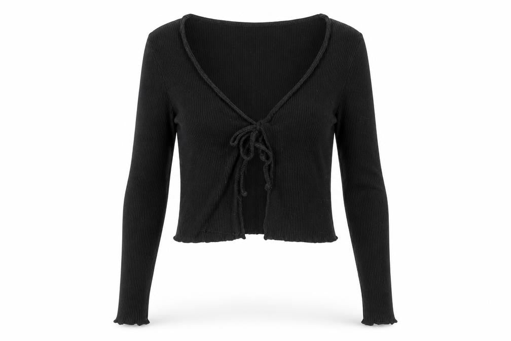 Cotton:On Women's Black Cropped Tie Front Ribbed Long Sleeve Top XS