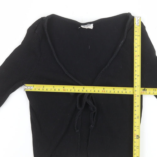 Cotton:On Women's Black Cropped Tie Front Ribbed Long Sleeve Top XS